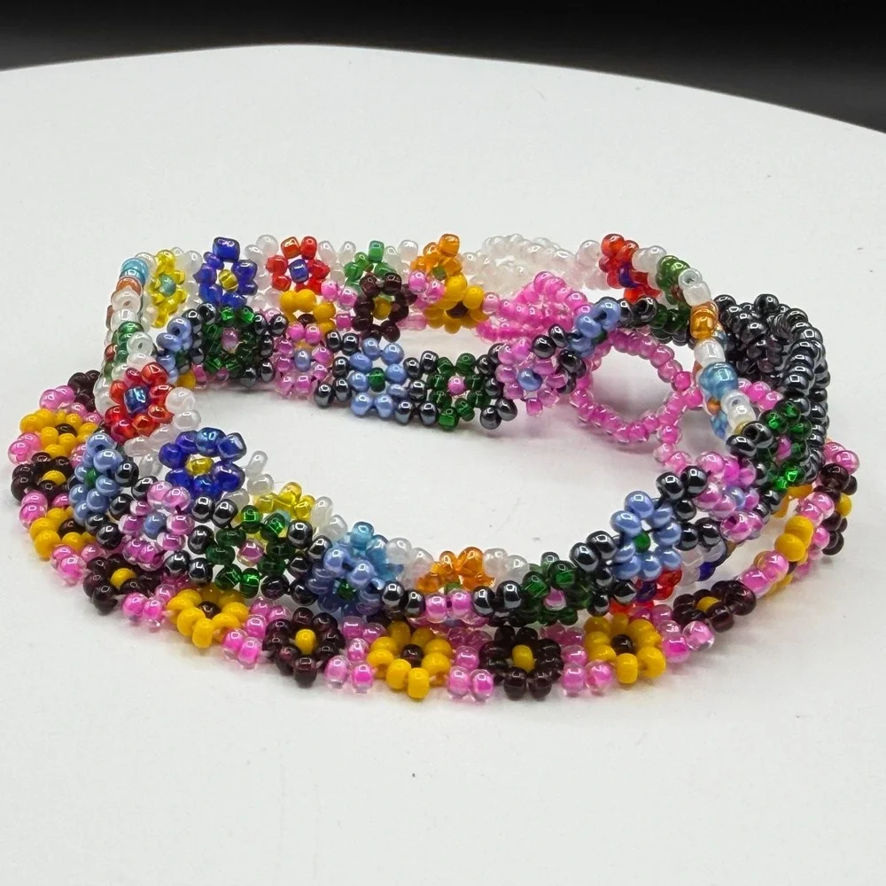 3Pc Colorful Handmade Seed Bead Floral Bracelets Daisy Friendship Jewelry Set